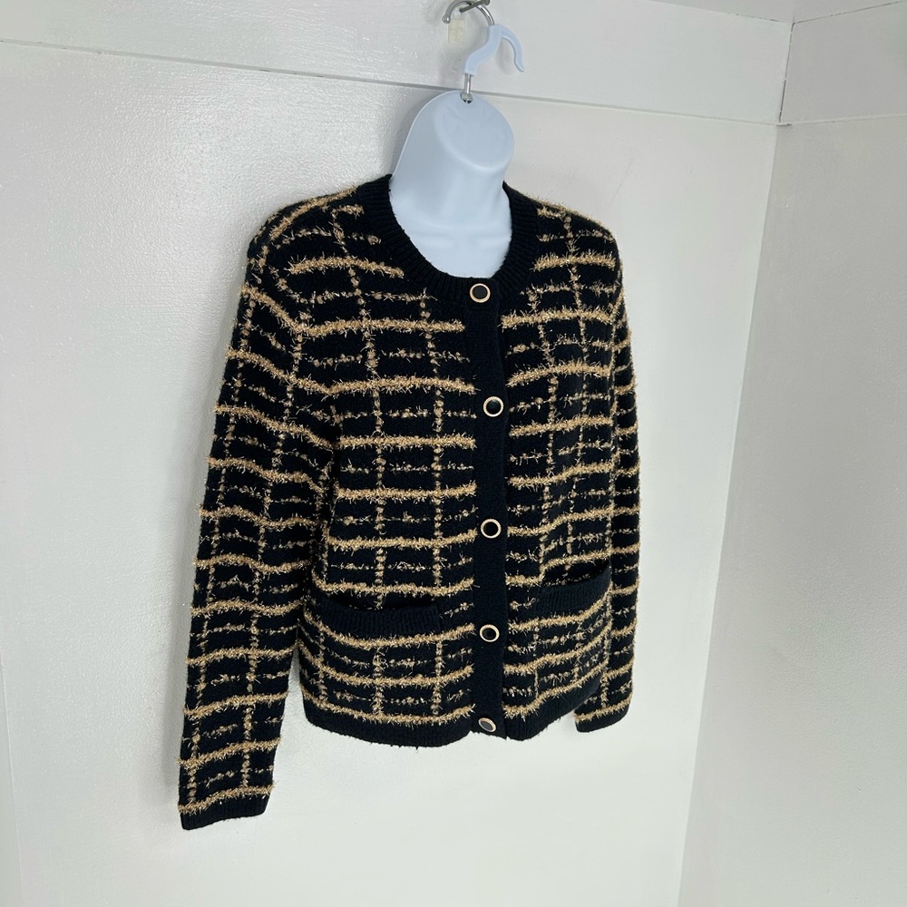 Talbots Bouclé Plaid Cardigan Sweater Petite‎ Small Black Gold Metallic Preppy - Picture 3 of 11